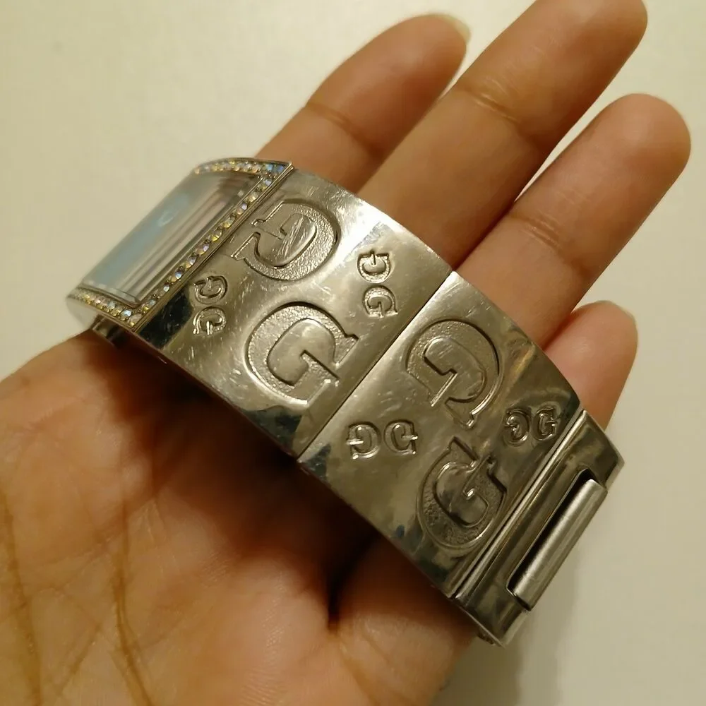 Y2K Guess Women's Crystal Accented Blue Dial Stainless Steel Cuff Watch W75017L1